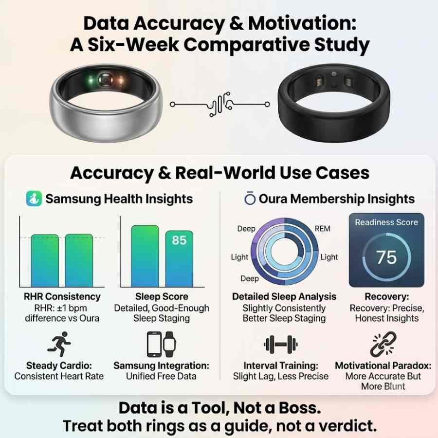 An infographic comparing data accuracy between the Samsung Galaxy Ring 2 and Oura Ring 4, titled "Data Accuracy & Motivation: A Six-Week Comparative Study." The Samsung Health section shows charts for a ±1 bpm resting heart rate consistency and an 85 sleep score, highlighting steady cardio and free data integration. The Oura Membership section displays a detailed breakdown of REM, deep, and light sleep alongside a 75 Readiness score, highlighting its blunt honesty and slight lag during interval training. A footer reads: "Data is a Tool, Not a Boss. Treat both rings as a guide, not a verdict.
