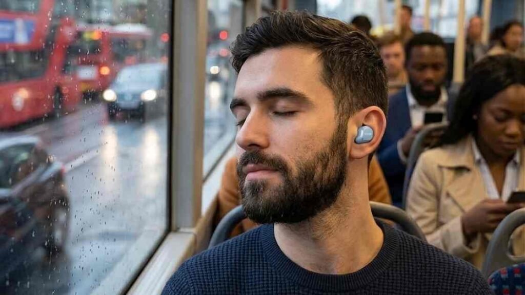 A man with a beard, eyes closed, wearing a Tozo wireless earbud while seated on a public bus in London on a rainy day, with red double-decker buses visible outside the window.