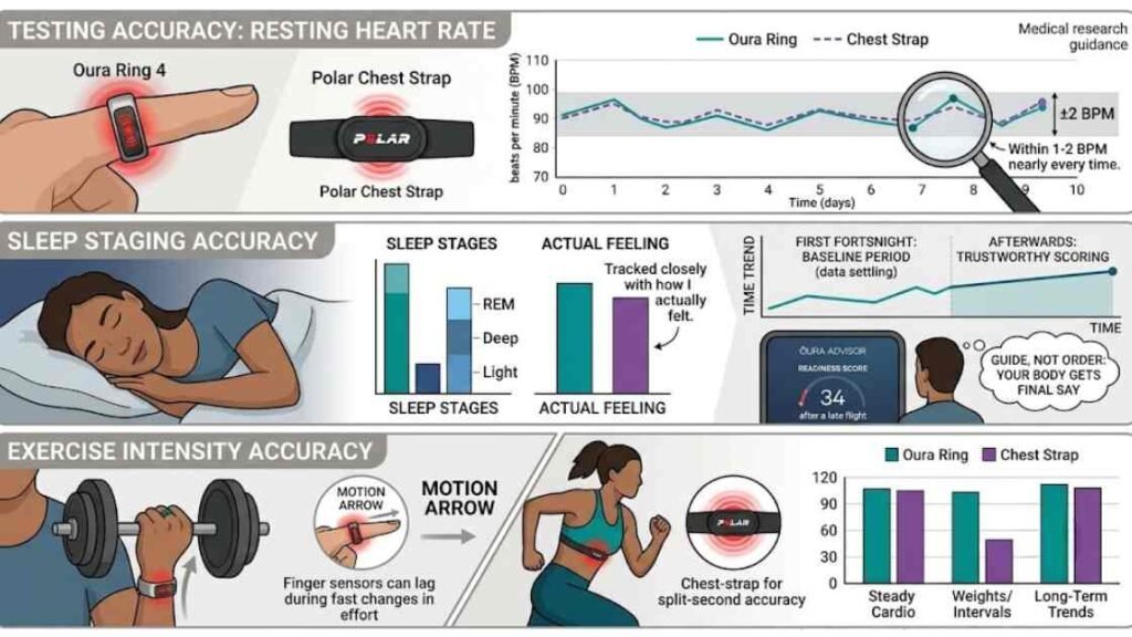 An accuracy comparison infographic for the Oura Ring 4, showing performance against a Polar chest strap across three metrics: resting heart rate, sleep staging vs. actual feeling, and exercise intensity for cardio versus weight training.