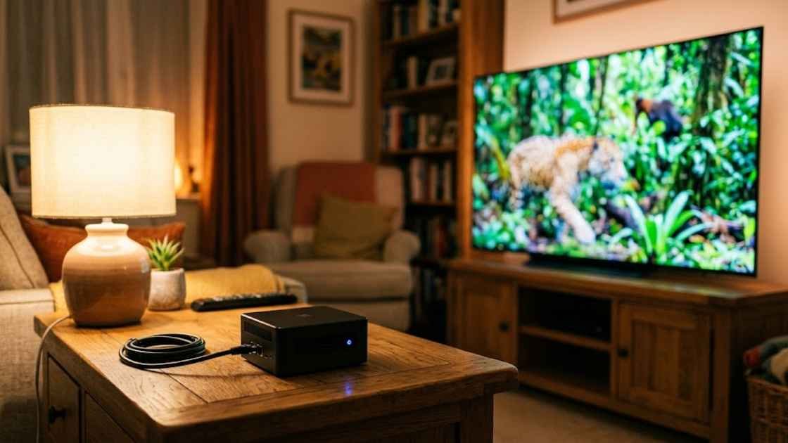 Best mini PC for Plex 4K transcoding UK: compact Intel N150 mini PC next to a TV playing a 4K film