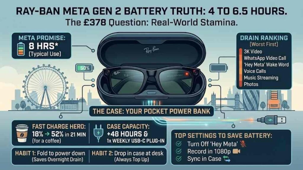 Infographic detailing a real-world review of the Ray-Ban Meta Gen 2 battery life, claiming a 4 to 6.5-hour range. It visually breaks down the power-bank features of the charging case, the fastest draining features, and provides tips for optimizing battery settings.