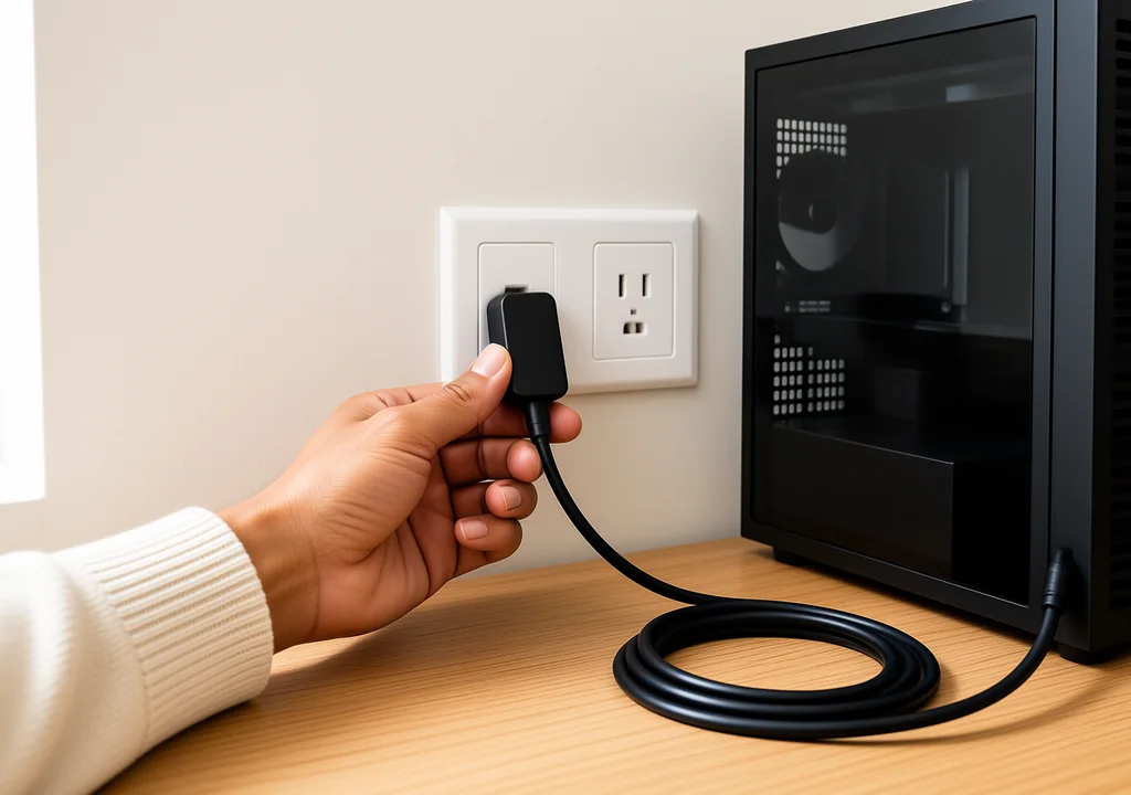 Does a bigger PSU use more electricity : Hand plugs power meter into wall socket beside PC, testing if bigger PSU use more electricity
