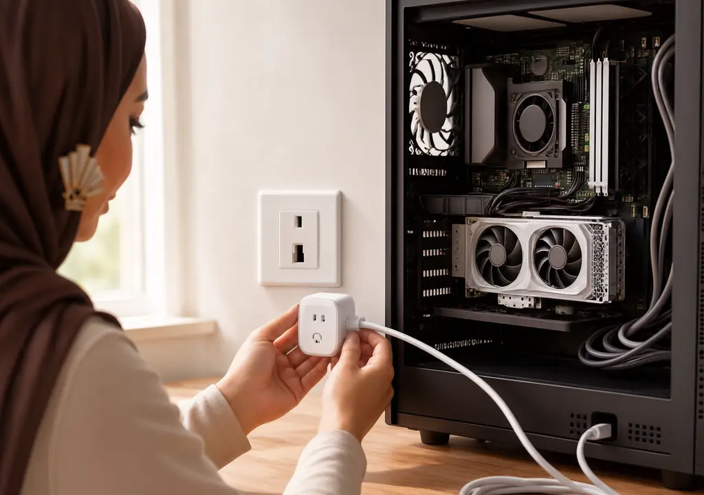 Does a bigger PSU use more electricity: Hands connecting a smart plug to measure a bigger PSU use more electricity