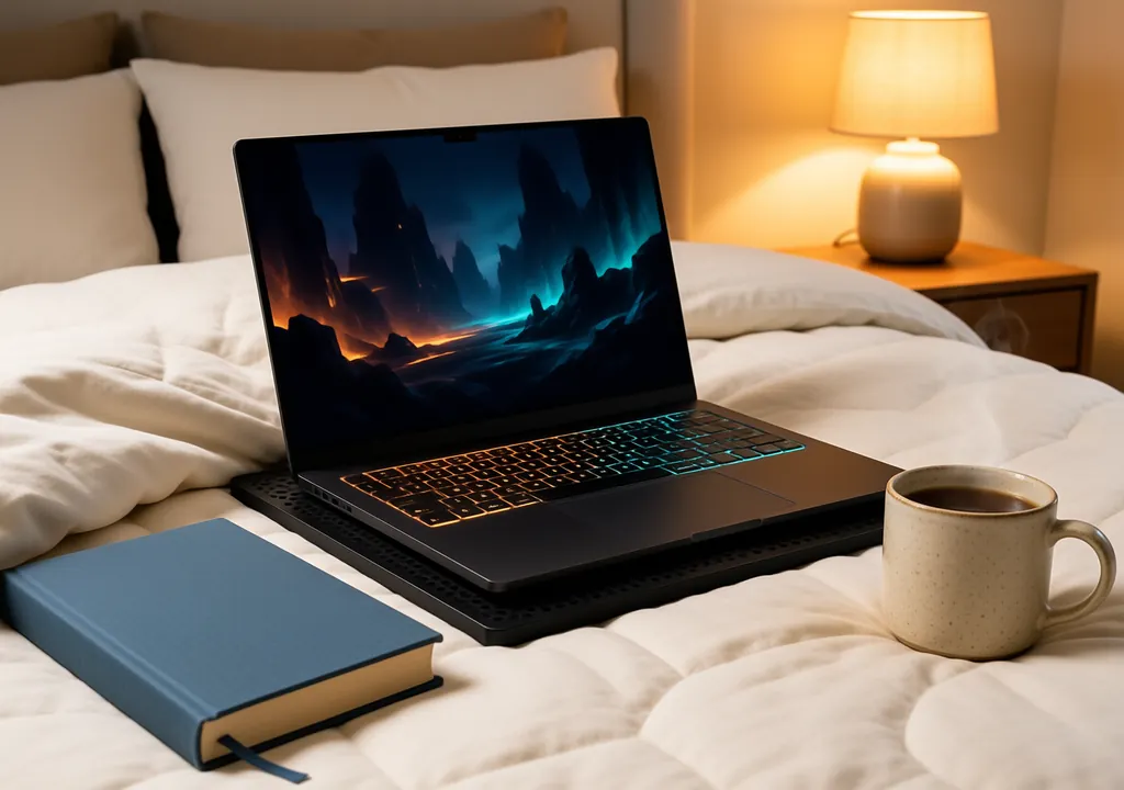 do laptop cooling pads work Gaming laptop on a cooling pad resting on a soft duvet