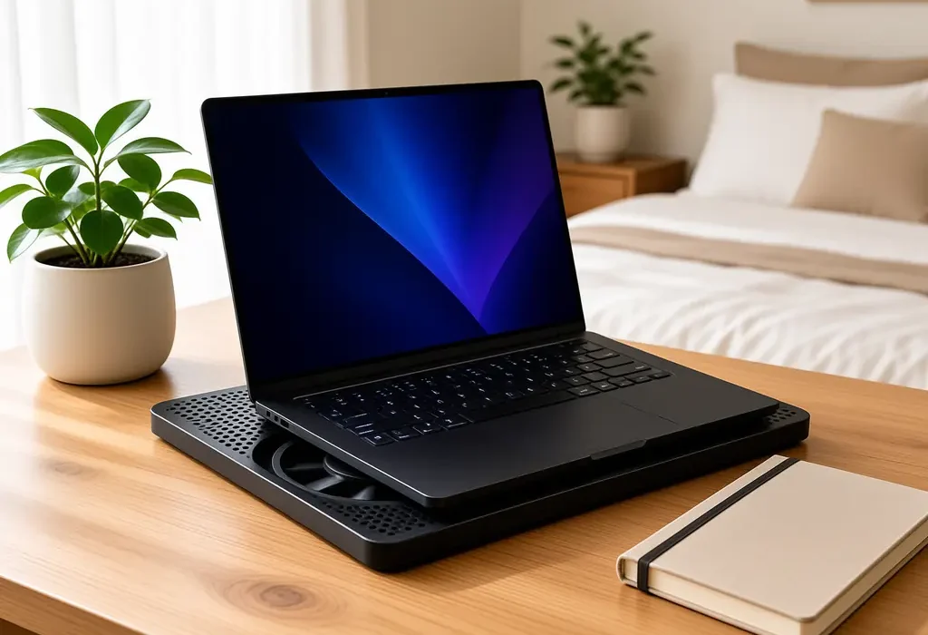 Gaming laptop resting on laptop cooling pads on a tidy wooden desk