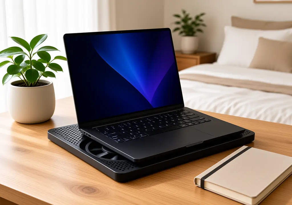 Gaming laptop resting on laptop cooling pads on a tidy wooden desk